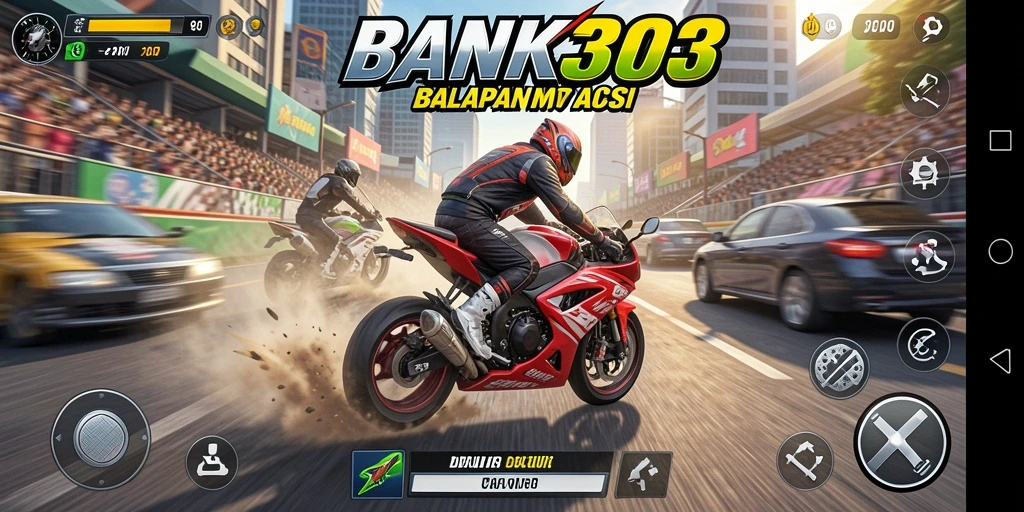 Tampilan gameplay mendebarkan di BANK303 saat pembalap melaju kencang.