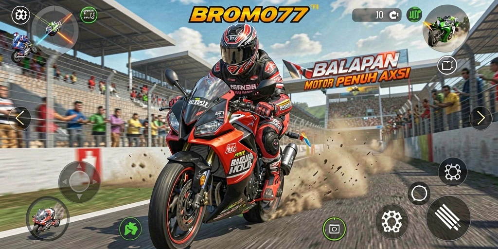 Screenshot gameplay BROMO77 menampilkan balapan motor yang intens dan menantang.