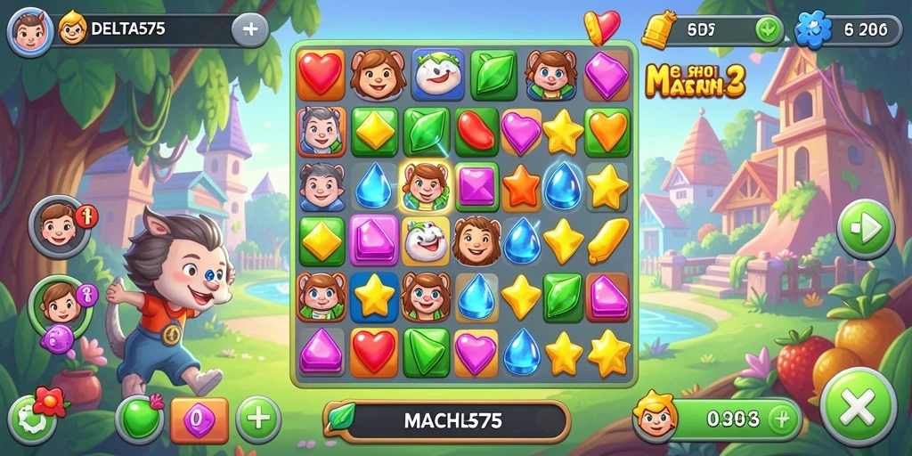 Tangkapan layar DELTA575 menunjukkan gameplay Match-3 yang menarik dan penuh warna.