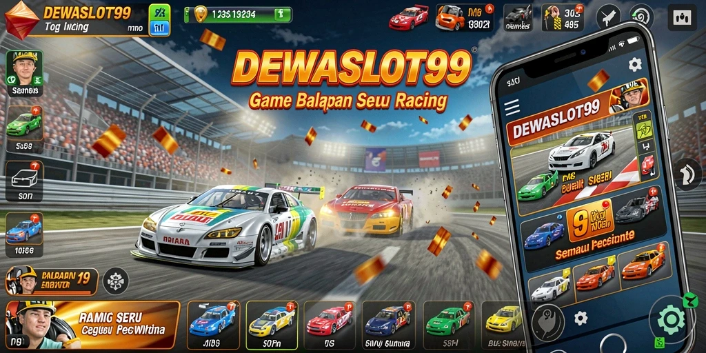 Screenshot gameplay DEWASLOT99 menampilkan balapan seru dengan mobil kencang.