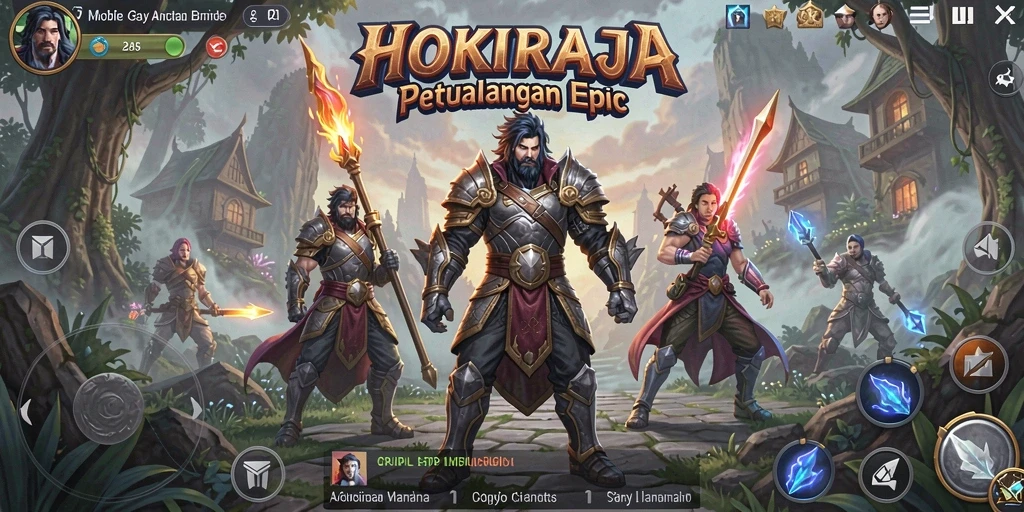 Screenshot HOKIRAJA yang menunjukkan pertarungan epic dalam dunia fantasi.