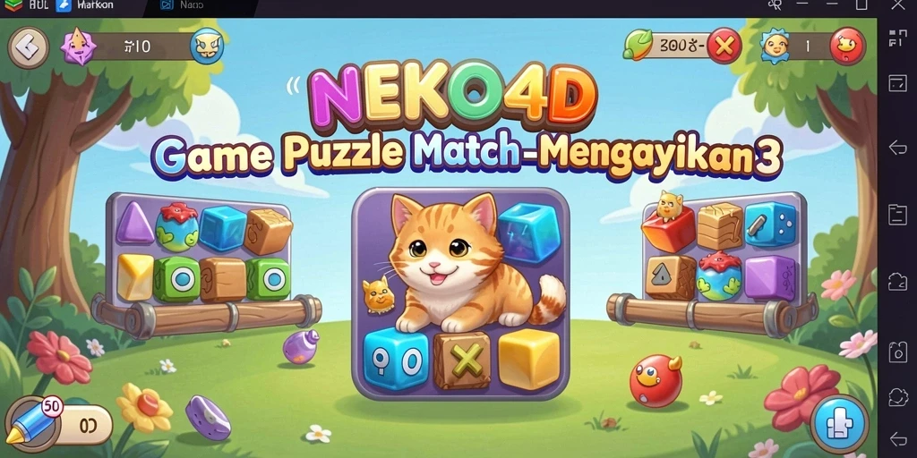 Tampilan gameplay NEKO4D yang colorful dan seru dalam aksi Match-3.