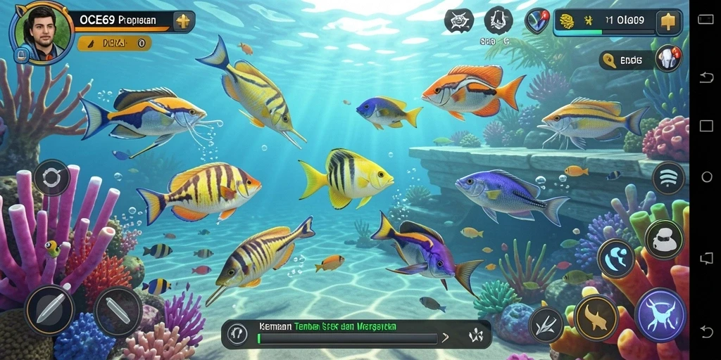 Screenshot OCE69 menampilkan aksi seru dalam bermain Tembak Ikan.