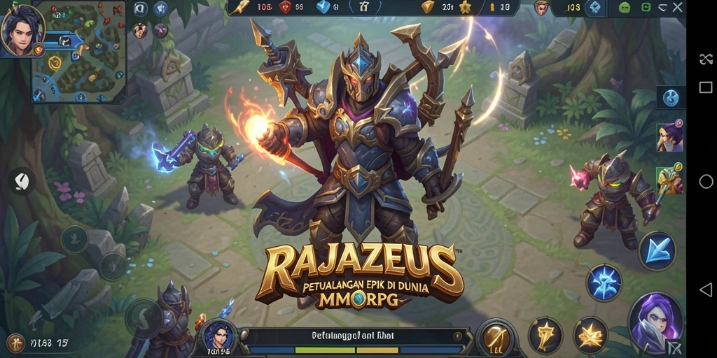 Screenshot gameplay RAJAZEUS menampilkan pertarungan epic di dunia fantasi.